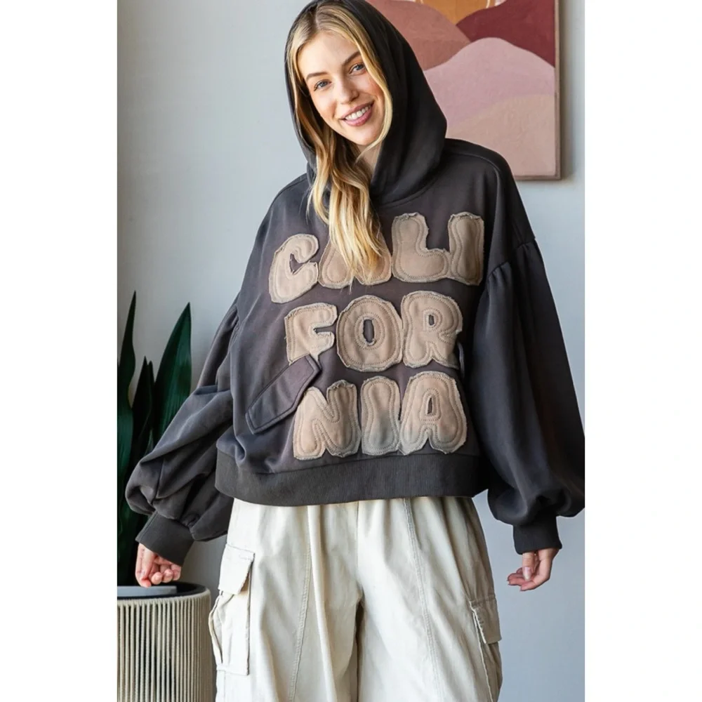 Oli & Hali Charcoal California Letter Patch Hoodie Sweatshirt - Picture 2 of 7